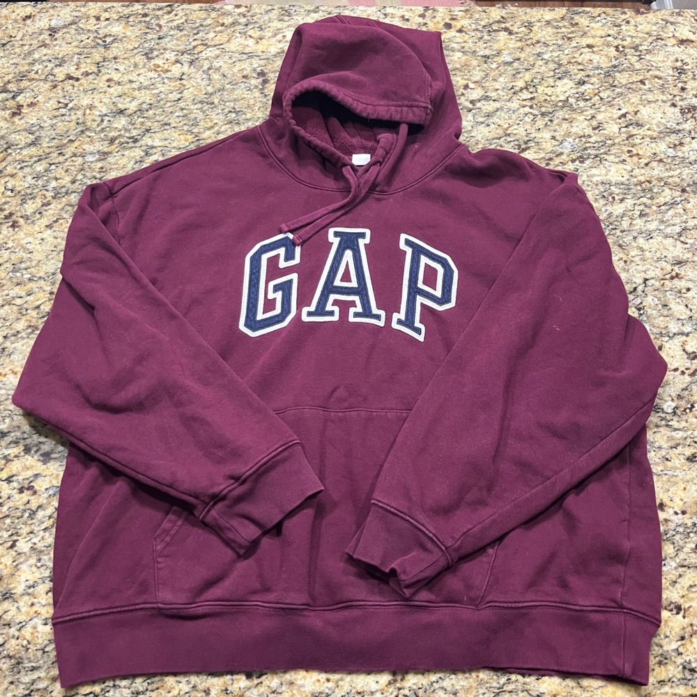 Gap Hoodie Mens XXL Burgundy Maroon Fleece Arch Logo Pullover Sweatshirt